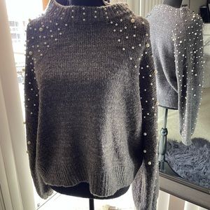 Grey Seater with pearls throughout collar and sleeves